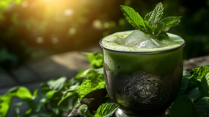 Vibrant matcha mint julep cocktail with fresh mint in a silver cup