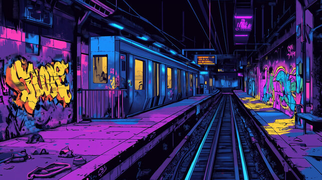 A retro-futuristic subway station with glowing train tracks and digital graffiti, Retrowave