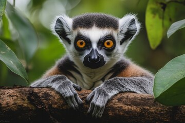 Obraz premium A cute ring-tailed lemur relaxes on a tree branch, surrounded by verdant foliage