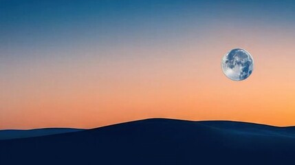  Picture of a full moon in the sky over a mountain with an orange-blue background