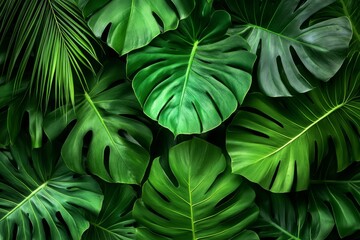 A dense green foliage background featuring vivid, textured leaves