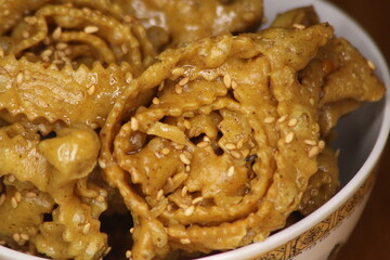 A close-up of sweet moroccan cookie known as Chebakia