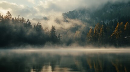 Fototapeta premium Misty morning reflections serene lake landscape photography autumn forest tranquil nature scene