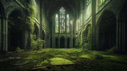 Overgrown abandoned cathedral interior with stained glass windows illuminated by sunlight
