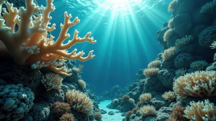 Obraz premium Sunlight illuminating an underwater coral reef affected by bleaching and climate change 