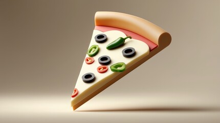 A slice of pizza with vibrant toppings, including olives and peppers, presented in a minimalist