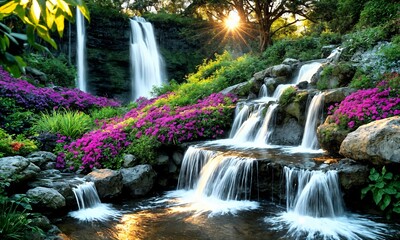 Obraz premium Romantic Garden with a Waterfall Pouring into a Lagoon-Style Pool – Tranquil Sunrise Over a Serene Outdoor Setting