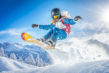 Female snowboarder performing a jump in scenic winter mountain landscape