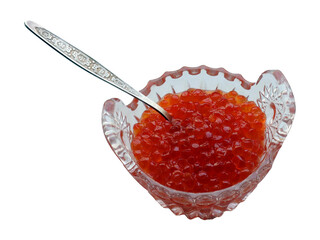 Caviar sits in a decorative vase, showcasing its vibrant red hue against a clean white background. The intricate design of the vessel adds to the visual appeal of this luxurious delicacy.