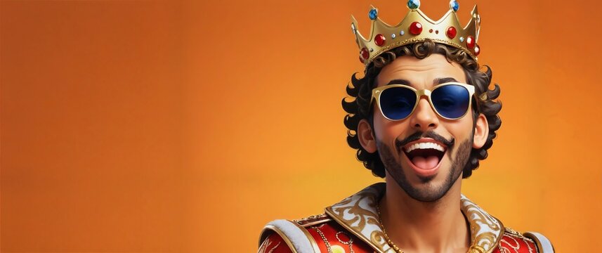 A man wearing a crown and sunglasses.