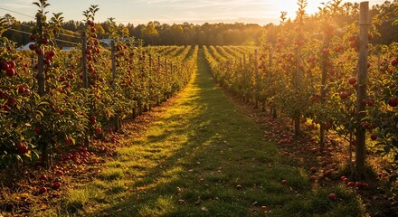 Naklejka premium Apple orchard in autumn with rows of apple trees and golden foliage