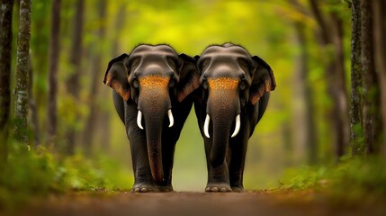 Fototapeta premium A pair of elephants stand beside one another on a dusty trail leading into a dense, tree-filled forest