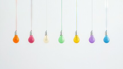  Multicolored light bulbs dangle from a white line on a white wall