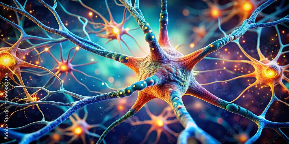 Poster 3d neuron structure with synaptic activity: detailed microscopic view