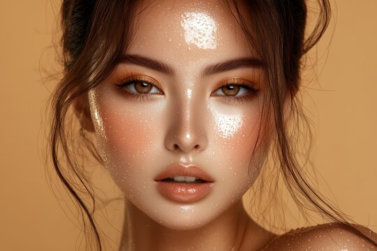 A freckled Asian woman with a slightly fresh appearance gazes toward the camera, with a white background and abundant space