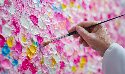 Hand Holding Paintbrush Creating Colorful Floral Abstract Art