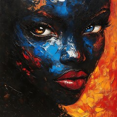 Woman's face, vibrant colors, abstract portrait, close-up, art