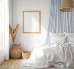 Modern bedroom mockup, light, airy, boho. Mockup poster frame