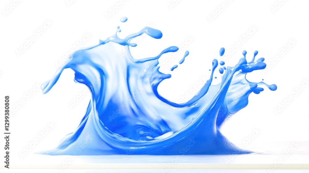 Poster swirling splash of vibrant blue water with crisp wave edges and floating droplets on white backdrop.
