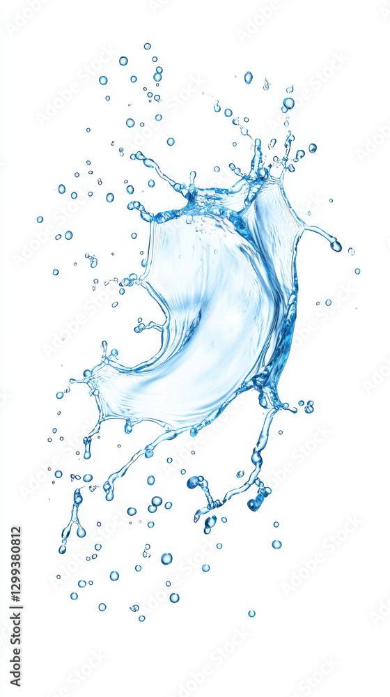 Poster dynamic splash of crystal-clear blue water frozen in mid-air. high-speed photography with smooth flu