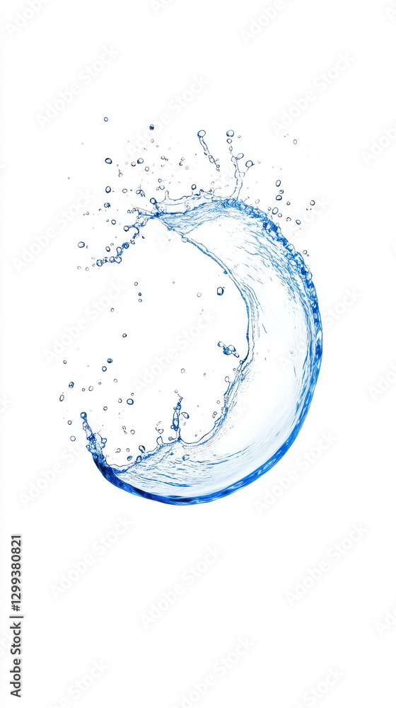 Poster Perfect arc of fresh blue water splashing with glossy transparency and dynamic wave shape. High-speed photography effect on a white background.