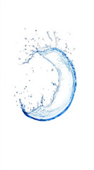 Perfect arc of fresh blue water splashing with glossy transparency and dynamic wave shape. High-speed photography effect on a white background.