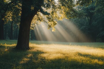 Obraz premium In the forest, a misty dawn exposes leaves glistening with dew and sunlight filtering through thick branches, creating a captivating natural scene amidst soft fog