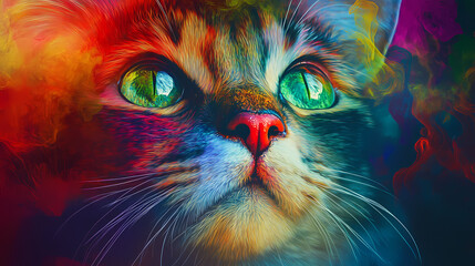 Enchanting feline portrait in a vibrant prism of colors, showcasing the mystique and majesty of an exotic cat amidst a kaleidoscope of hues. Majesty - Mountain. Illustration