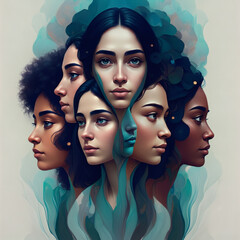 Fototapeta premium Abstract artistic portrait of diverse women faces layered surreal concept unity identity feminine power representation