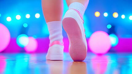 Stylish Footwear on a Colorful Dance Floor with Bright Lights