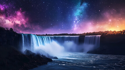 Explore the breathtaking beauty of niagara falls under a starry sky with vibrant colors and mystical atmosphere. Majesty - Mountain. Illustration