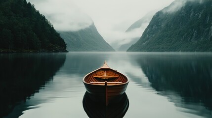  A small boat bobbing atop a lake beside a forested mountain shrouded in fog and cloudy lowlands