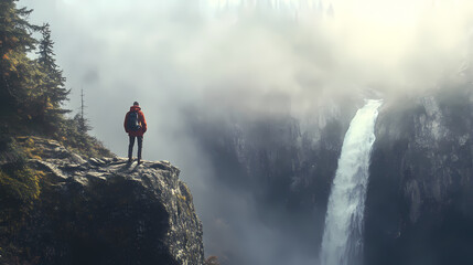Exploring nature's majesty individual at waterfall cliff wilderness photograph foggy atmosphere dramatic perspective adventure. Majesty - Mountain. Illustration