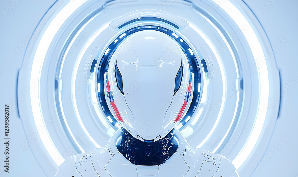 Poster futuristic humanoid robot with sleek design in glowing environment