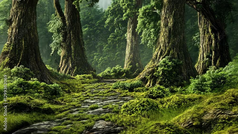 Aufkleber lush forest path with towering trees surrounded by vibrant greenery in a serene natural setting