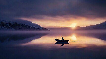  A person in a small boat floating on a body of water with mountains rising majestically behind them, bathed in the golden light of sunset