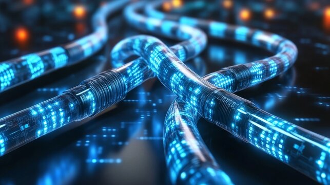 Underwater data centers that emit light feature radiant cables entwined with bioluminescent sea life, demonstrating innovation and eco-friendly submerged technology