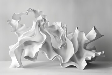 A white sculpture with organic shapes intertwining and creating a harmonious composition, Organic shapes morphing and intersecting in a harmonious dance of movement