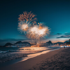 Spectacular fireworks display over a beach at night.