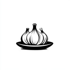 A Black and White Still Life of Three Garlic Bulbs Resting on a Dark Plate, Detailed Illustration