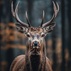 Fototapeta premium Majestic deer stares intensely in a forest.