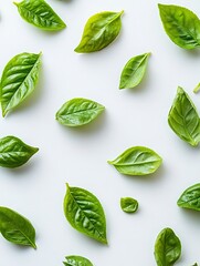Fototapeta premium The tea leaves, with their complex shapes and textures, are suspended and lit up, contrasting beautifully against a white background for an elegantly striking composition