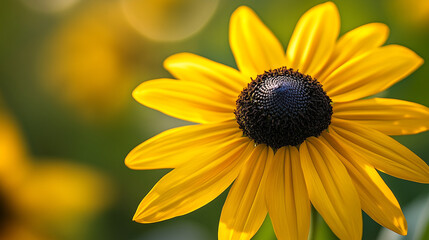 Obraz premium A vibrant close-up of a sunflower-like Black-eyed Susan, focusing on the fuzzy, dark center and the bright golden-yellow petals surrounding it