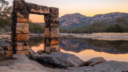 Fototapeta premium Stone Archway Ruin at Sunset Reflecting in Calm Water near Mountains