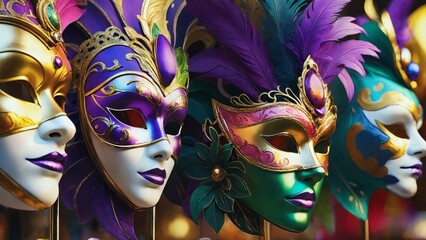 Fototapeta premium A group of colorful carnival masks with feathers on them.