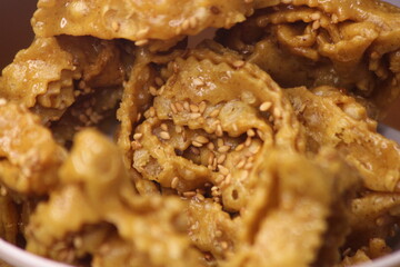 A close-up of sweet moroccan cookie known as Chebakia