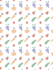 Seamless pastel vegetable pattern with carrots, peppers, and tomatoes.