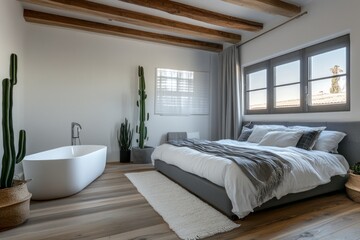 Modern Bedroom with Bathtub and Cactus Plants. Interior Design