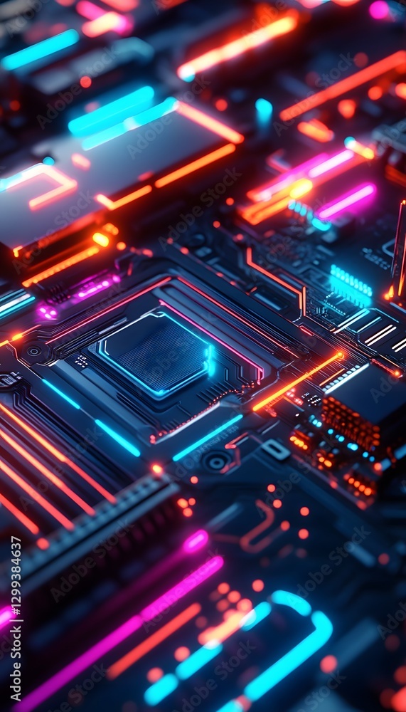 Poster a close up view of a glowing circuit board system