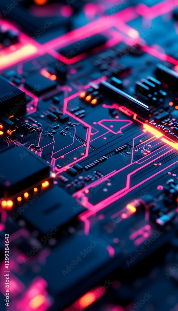 Poster illuminated circuit board showcasing electronic components and interconnected pathways clearly displ